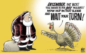 Thanksgiving Turkey talks to Santa Christmas too soon