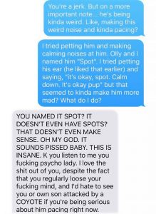woman texts husband after bringing in a puppy - really a coyote