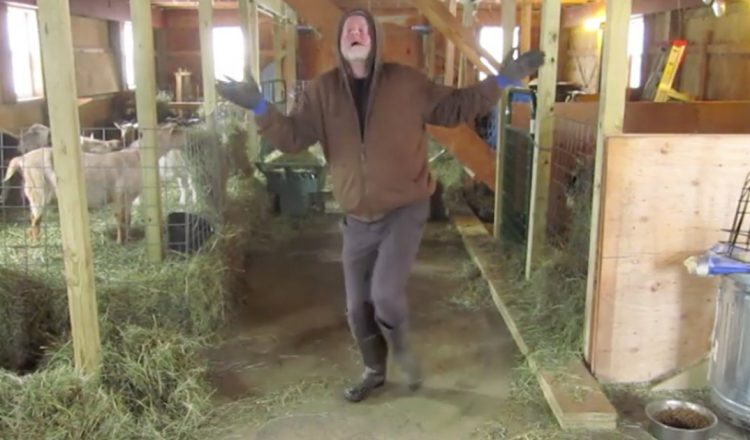 farmer dances in barn